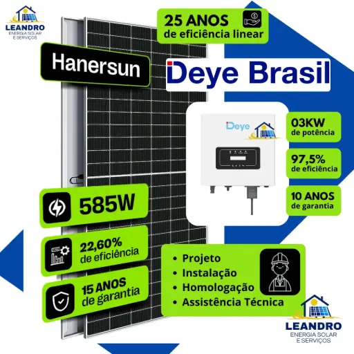 KIT SOLAR DE 500 KWh INV ST DE 3KW C/ 7 MOD 585Wp |Cap 4,1 KWp~Prod 522KWh FIBRO 